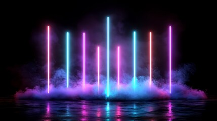 Poster - Series of neon lights are lit up in the dark, creating a colorful and vibrant atmosphere. The smoke from the lights adds to the overall effect, giving the scene a dreamy and surreal quality