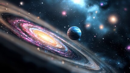 Poster - Spiral galaxy with a blue planet in the center. The galaxy is full of stars and planets