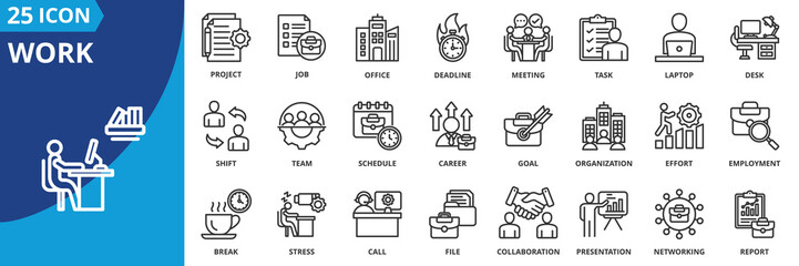 Poster - work icon set collection in outline style. an icon pack contain career, task, job, office, desk, laptop, meeting, project, deadline, schedule