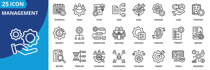 Poster - management icon set collection in outline style. an icon pack contain manage, plan, lead, strategy, goal, task, team, schedule, organize, project