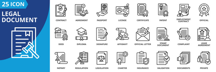 Poster - legal document icon set collection in outline style. an icon pack contain contract, passport, agreement, certificate, license, patent, employment contract, official, deed, diploma