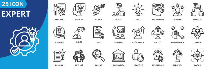 Poster - expert icon set collection in outline style. an icon pack contain skill, knowledge, wisdom, master, guide, coach, mentor, teacher, leader, competence