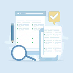 Poster - Testing concept. Reading test. Online exam, questionnaire form, Explore quiz checklist answers and success results. Online education, survey metaphor. Flat vector illustration on background.