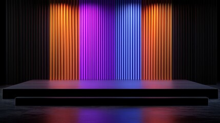 Poster - Stage with a black backdrop and colorful curtains. The curtains are orange, purple, blue, and green