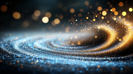 Poster - Swirl of glittery blue and gold sparks in the air. The blue and gold sparkles are scattered throughout the image, creating a sense of movement and energy. Scene is one of excitement and wonder
