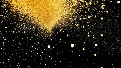 Poster - Abstract golden glittering particles on black background, creating a dynamic sparkling effect, elegant design, gold dust, shiny backdrop.