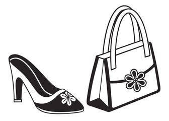 Fototapete - Black and white vector illustration of a stylish high heel shoe and a flower decorated handbag.