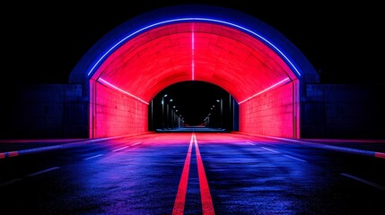 Aufkleber - Long tunnel with red and blue lights is lit up, creating a vibrant and colorful atmosphere. The tunnel appears to be empty, with no vehicles or people visible