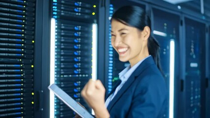 Poster - Excited young woman holding a tablet in server room and celebrating a successful project, feeling happy about achievement.