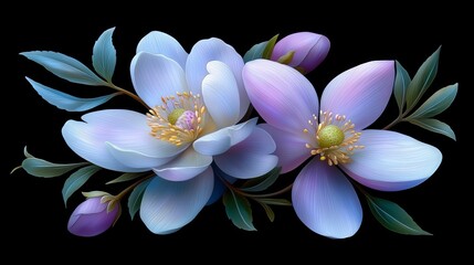 Aufkleber - Two flowers with purple petals and green leaves. The flowers are in the center of the image