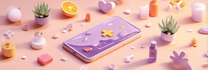 Poster - Phone Melting Into Wellness Icons With Clean Upper Zone Showcasing Relaxation and Mindfulness Elements in a Vibrant Setting
