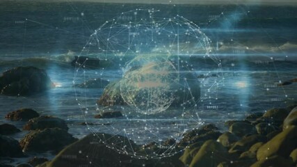 Poster - Light dots forming pulsing rotating holographic sphere before stabilizing to visualize data network