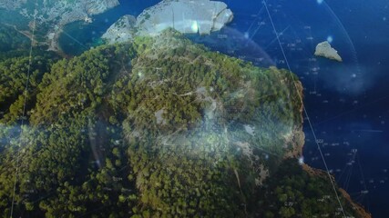 Poster - Aerial shot showing digital sphere forming forest peninsula, scanning nodes pulsing mapping terrain