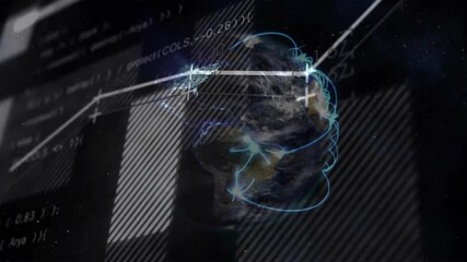 Poster - Rotating Earth globe floating in space, sliding stripes, tracing blue trails, forming network graph