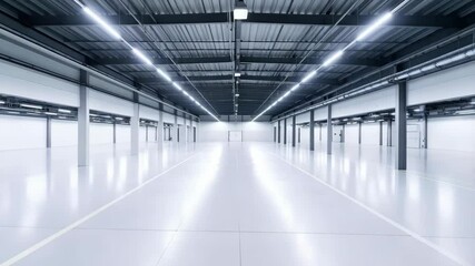Poster - Wide angle shot of a very large empty modern warehouse or factory interior with white walls and floor, and grey metal ceiling and pillars.