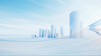 Poster - Abstract Light Blue Cityscape with Futuristic Geometric White Buildings Under a Partly Cloudy Sky Minimalist Render