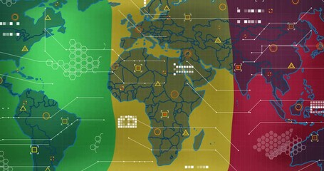Poster - Sliding color bands forming Mali flag, fading world map showing data clusters highlighting Africa