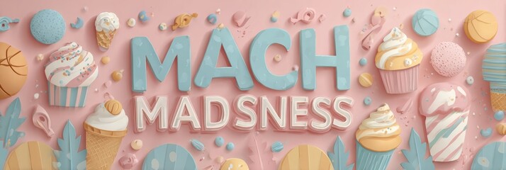 Poster - Celebrate March Madness With a Vibrant Pastel Themed Paper Cutout Illustration Featuring Playful Designs of Desserts and Basketball Elements