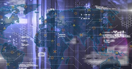 Poster - Data center view overlay fading markers pulsing lines animating code scrolling visualizing network