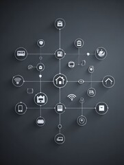 Poster - IoT Device Network Map Showcasing Smart Home Icons and Connection Lines in a Minimal Tech Theme