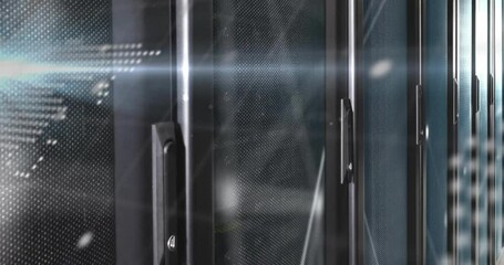 Poster - World map materializing with scrolling code over server racks, visualizing network data flow