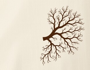 a stylized brown tree branch with intricate, bare twigs on a textured beige background.