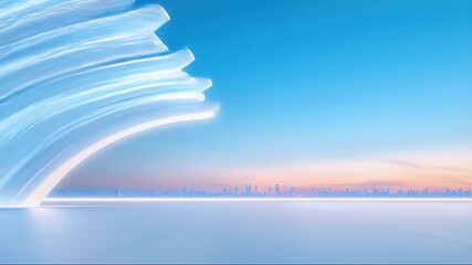 Poster - Futuristic Cityscape with Luminous Arches and Distant Skyline Under a Clear Sky With Minimalist White Ground