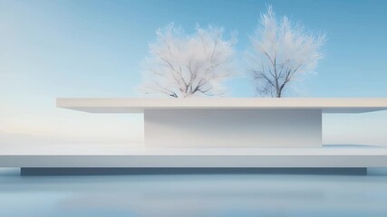 Poster - Minimalist White Architecture with Snow Covered Trees Against a Pale Blue Sky in Winter