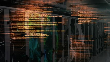 Poster - Faint orange code streams drifting across server hall rapidly intensifying showing data flow
