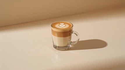 Poster - Latte Art in Glass Mug Beige Background Minimalist Coffee Drink image