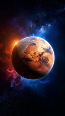 Wall Mural - Awe-Inspiring view of a red planet with nebula in the deep space, showing a glowing sun and thousands of bright stars in the dark background
