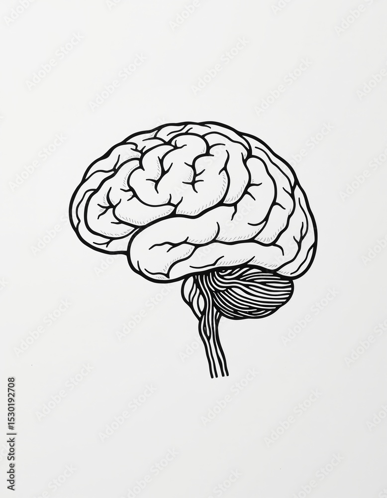 A detailed black and white illustration of a human brain, showing the ...