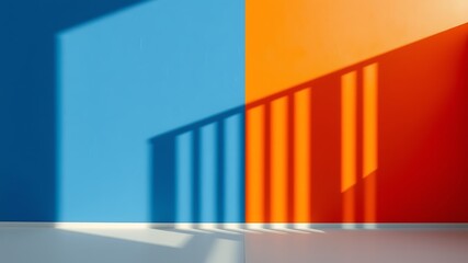 Poster - minimalist room interior blue orange walls sunlight shadow railing image