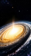 Wall Mural - Striking cosmic spiral galaxy, featuring a central luminous core emitting a vibrant bright ray, on a starry deep space background.