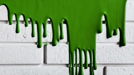 Poster - Bright green paint dripping down a textured white brick wall. Colorful artistic dripping of thick liquid paint.