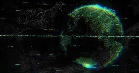 Poster - Dark numeric readouts starting horizontal stream creating rotating 3D globe showing coordinate data