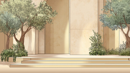Fototapete - Beige Studio Background with Sunlight and Greenery. Stone podium display with green plants sunlight shadows beige background minimalist product presentation