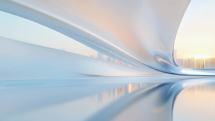 Poster - Abstract Futuristic Architectural Rendering Featuring Geometric Shapes in White and Blue with a City Skyline Reflection and Smooth Surface