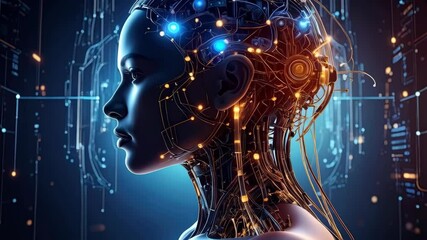 Poster - Futuristic humanoid cyborg face in profile, neural network connections and complex circuitry in blue and orange hues, technological landscape in background
