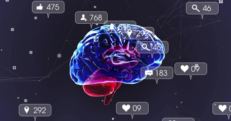 Poster - On startup 3D brain spinning as social media icons appearing updating orbiting to visualize metrics