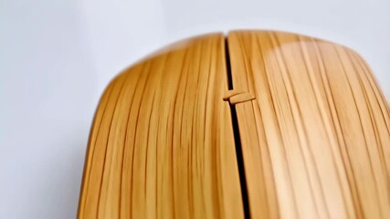 Poster - Close up view of a wooden computer mouse with black scroll wheel on a white surface with soft focus