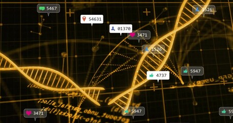 Poster - On grid appearing golden helix emerging and rotating as icons rising clustering conveying data flow