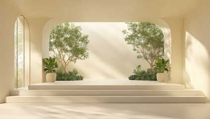 Fototapete - Beige Studio Background with Sunlight and Greenery. Stone podium display with green plants sunlight shadows beige background minimalist product presentation
