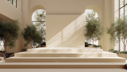 Fototapete - Beige Studio Background with Sunlight and Greenery. Stone podium display with green plants sunlight shadows beige background minimalist product presentation