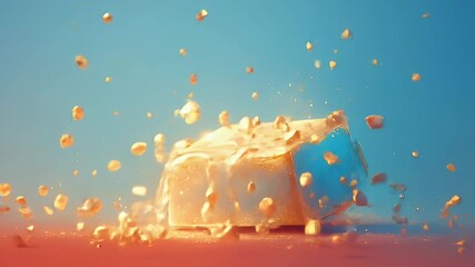 Poster - Gold Cube Exploding in Blue and Orange Background with Flying Fragments and Particles Shiny Glitter Splash Motion Effect Abstract Creative Design
