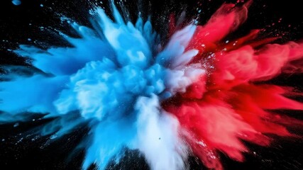 Poster - Abstract explosion of vibrant blue and red powder paints colliding in mid-air against a stark black background, creating a dynamic burst of color and movement.