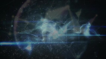 Poster - Glow forming at center starting energy stream swirling past wireframe globe illustrating network