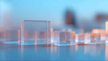 Poster - Arrangement of Clear Glass Cubes with Soft Blue and Orange Lighting on a Reflective Surface Creating a Modern Abstract Visual Design