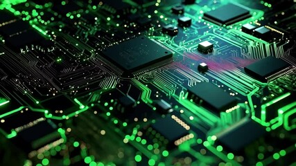 Aufkleber - Detailed view of glowing green circuit board with processor, conveys modern technology and electronic connectivity