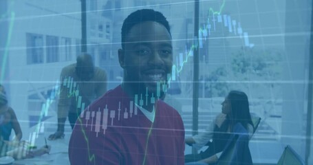 Poster - Presenter in red sweater navigating rising stock chart while animated overlay sparking team insight